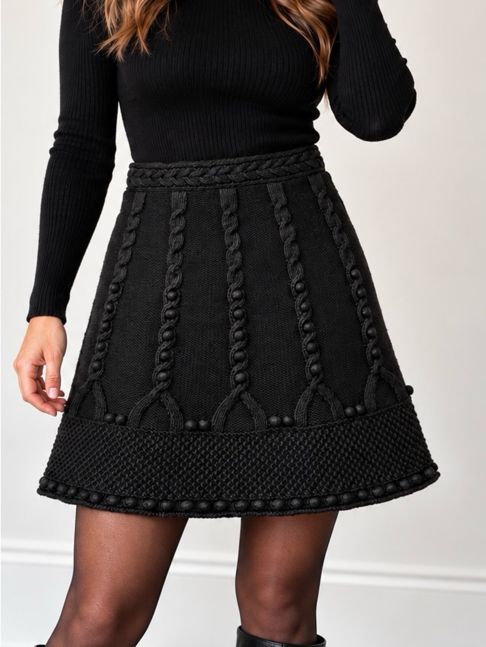 Cynthia Steffe XS Black Cable Knit A Line Skirt Y2K Dark Academia Romantic Goth